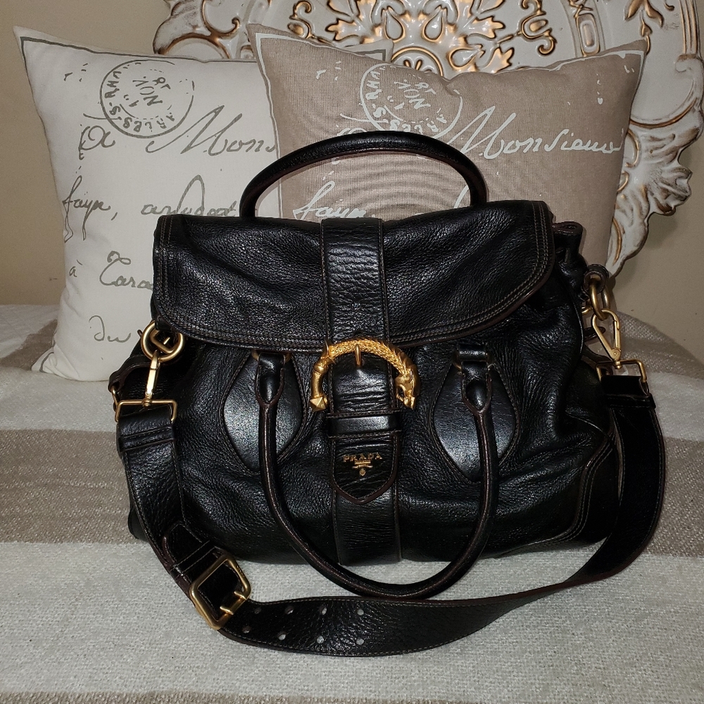 PRADA BLACK DEERSKIN LEATHER DRAGON SATCHEL